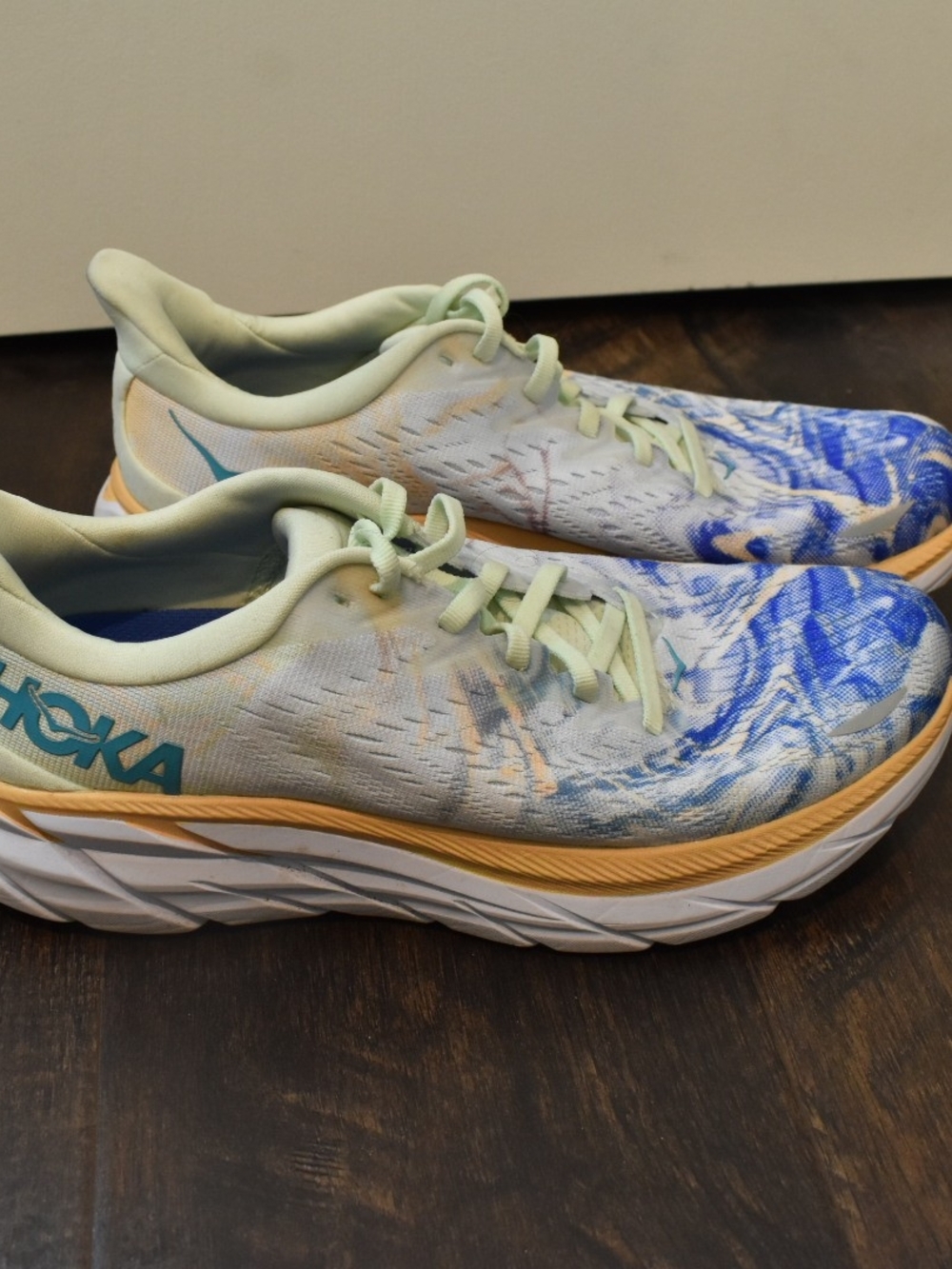 Hoka Running Shoes in Mint, Blue & Gold